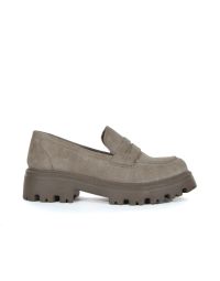 Mocassini beige casual in eco suede con cuciture