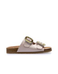 Sandali rosa bassi con doppia fibbia e fondo effetto sughero