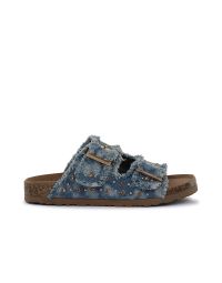 Sandali azzurri da donna con doppia fibbia sfrangiata in denim e suola effetto sughero