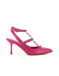 Decolletè soft sock fucsia a punta con t-bar borchie e tacco medio