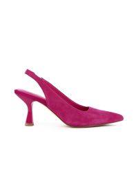 Decolletè a punta in pelle fucsia con sottopiede soft sock tacco medio a rocchetto e sling back