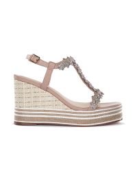 Sandali rosa da donna con zeppa effetto intrecciato e dettaglio fiori con strass