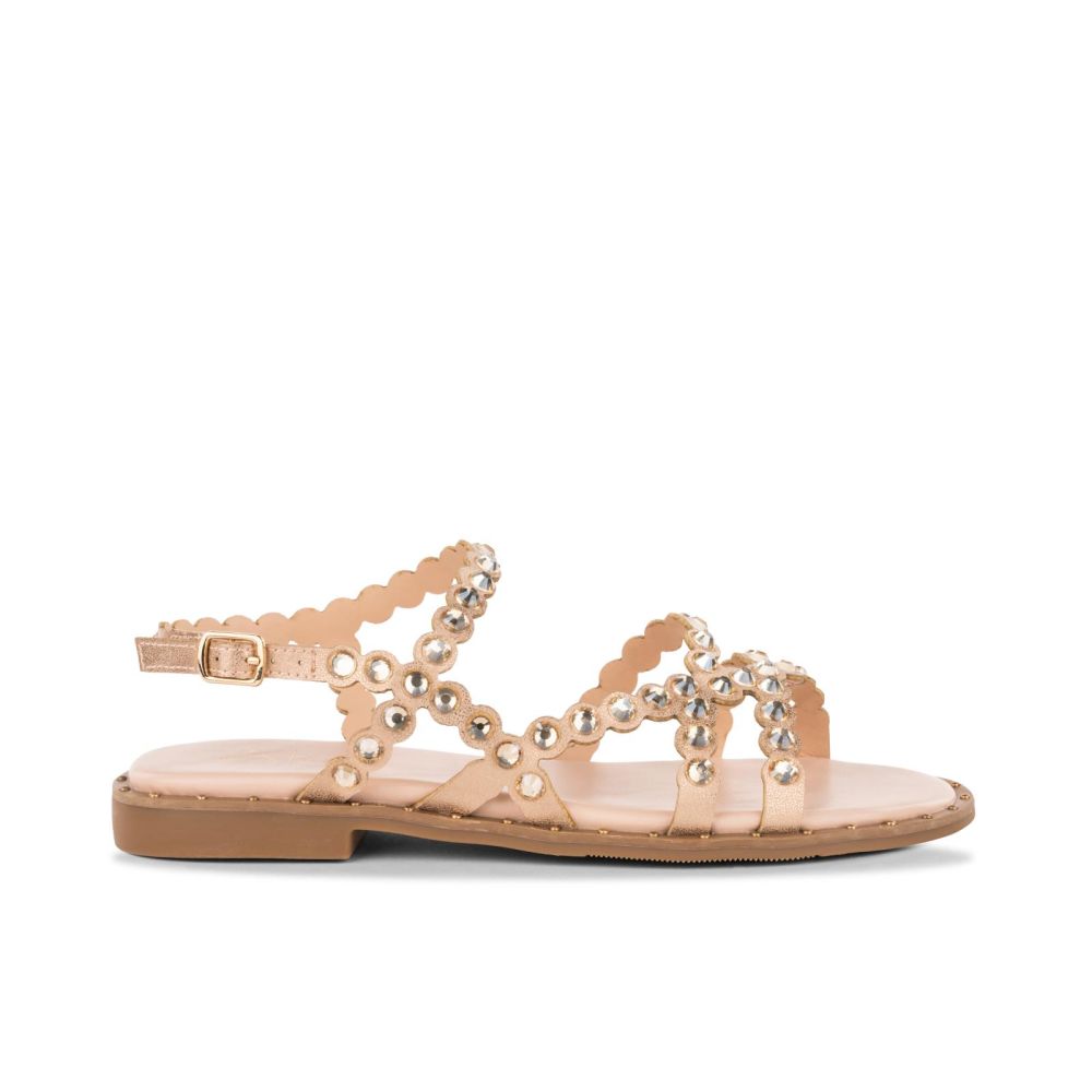 Coral-blue Sandali Donna Bassi Infradito in Pelle Oro con Lacci alla