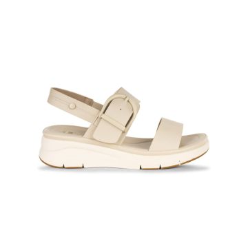 Sandali beige da donna in pelle con zeppa 4 cm e maxi fibbia Keys
