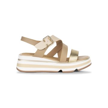 Sandali da donna in pelle beige e oro con zeppa a righe 5 cm Keys
