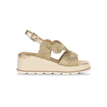 Sandali oro da donna con zeppa 7 cm e dettagli in