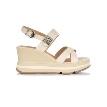 Sandali con zeppa 8 cm da donna beige in pelle con strass Keys