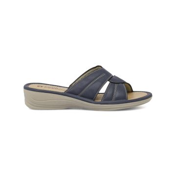 Ciabatte comfort da donna blu in pelle con zeppina
