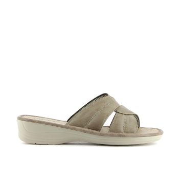 Ciabatte comfort da donna beige in pelle con zeppina