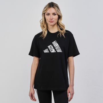 T-shirt sportiva nera da donna maniche corte e logo fantasia animalier