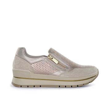 Sneakers slip-on beige in pelle con zip