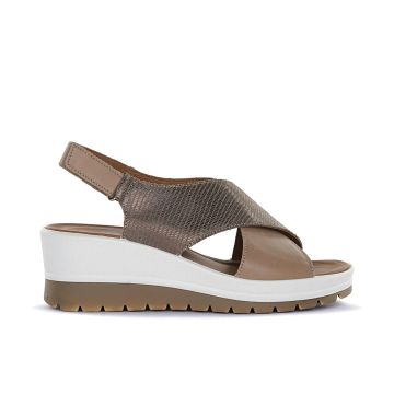 Sandali comfort beige da donna in pelle con zeppa e fasce a incrocio