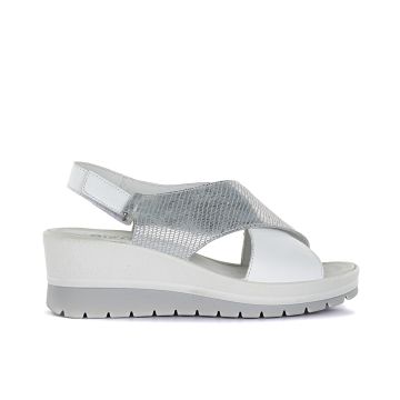 Sandali comfort argento da donna in pelle con zeppa e fasce a incrocio
