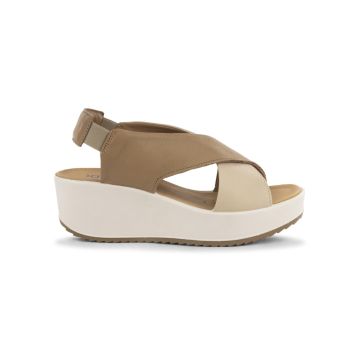 Sandali bicolore beige e cuoio da donna con zeppa
