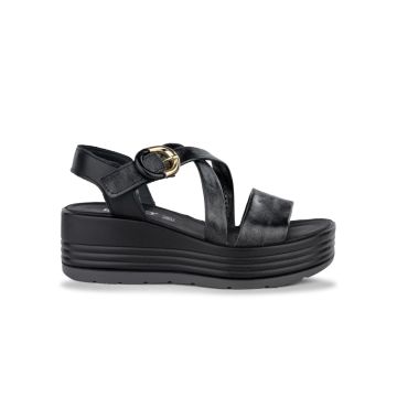 Sandali con zeppa neri da donna in pelle con fibbia Igi&co