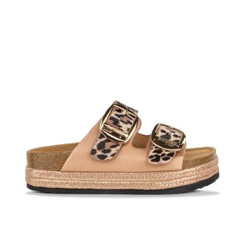 Sandali rosa da donna con suola platform effetto sughero e doppia fibbia