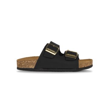 Sandali a fascia da donna neri con fibbie dorate e