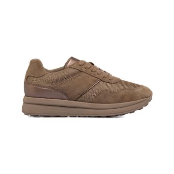 Sneakers marroni da donna in pelle e tessuto con suola platform