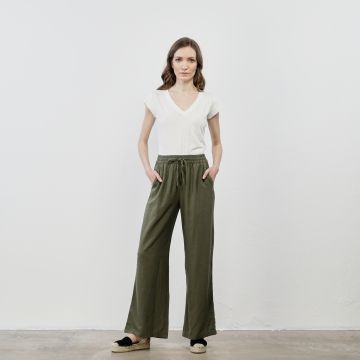 Pantaloni verdi lunghi misto lino con coulisse in vita