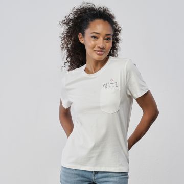 T-shirt bianca da donna maniche corte con dettaglio gatto e taschino