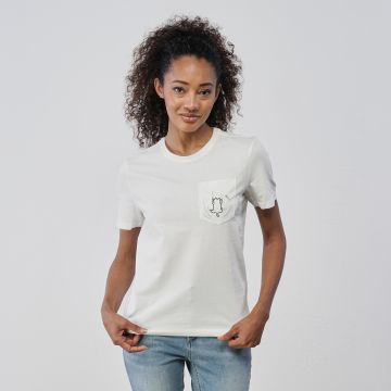 T-shirt bianca da donna maniche corte con dettaglio gatto sul taschino