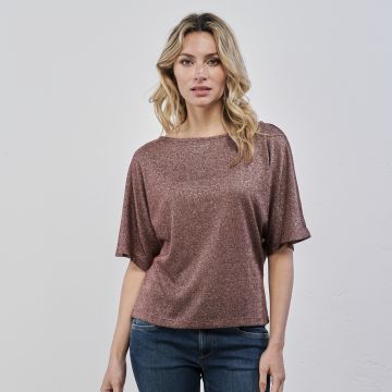 Top viola glitter da donna con maniche corte ampie