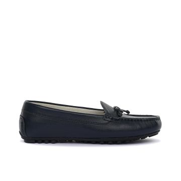 Mocassini casual blu in pelle con fiocchetto e suola sgomata