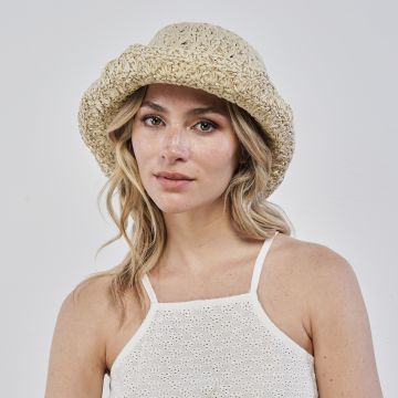 Cappello beige da mare da donna effetto paglia intrecciata