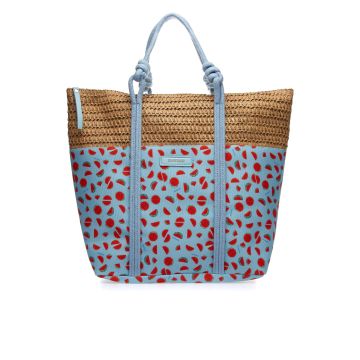 Shopper azzurra da mare con stampa colorata e manici in corda