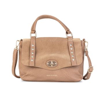 Borsa beige a mano con tracolla removibile e borchie a forma di cuore