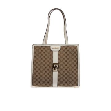 Tote bag bianca e marrone in fantasia multi-logo