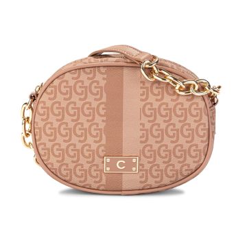 Borsa tonda rosa da donna con tracolla con inserto in catena