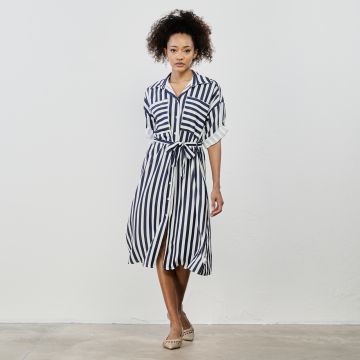 Vestito corto bianco e blu a righe con bottoni