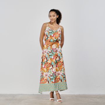 Abito lungo multicolor senza maniche stampa floreale con cintura