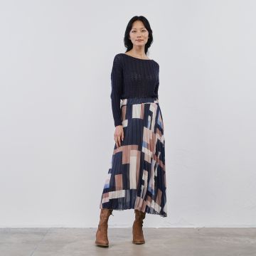 Gonna midi blu plissettata da donna in fantasia geometrica
