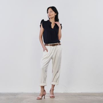 Pantaloni lunghi bianchi in fantasia gessata da donna con cintura