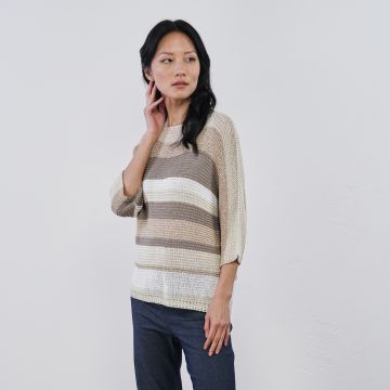 Maglione leggero beige da donna a maxi righe
