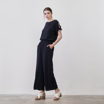 Pantaloni lunghi ampi blu da donna a righe con tasche