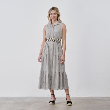Abito midi da donna a righe marrone e bianco senza