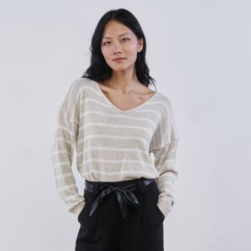Maglia a righe orizzontali beige e bianca da donna