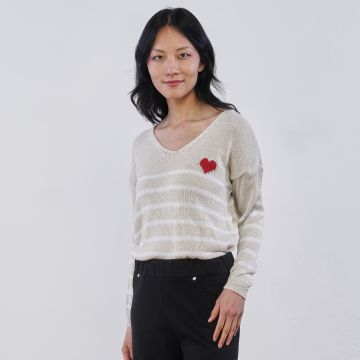 Maglia beige a righe da donna con cuore rosso Lokita