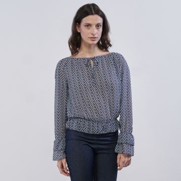 Top bicolore blu e bianco da donna con fantasia ge
