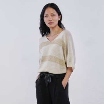 Maglia leggera da donna con scollo a V e riga oro metallizzata Lokita