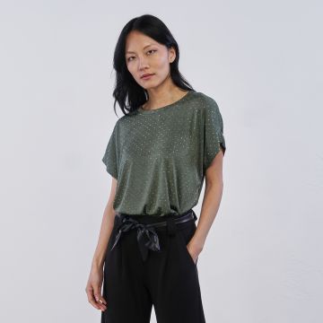 T-shirt girocollo verde scuro da donna con micro-p