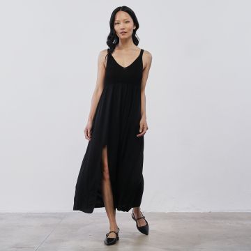 Abito lungo nero da donna con corpino in maglia a
