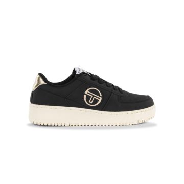 Sneakers tennis nere da donna con suola platform e logo