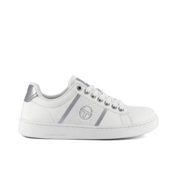 Sneakers donna bianche da tennis con logo e dettagli argentati