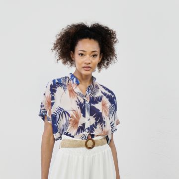 Camicia blu maniche corte e stampa floreale