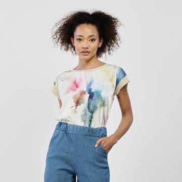 T-shirt bianca maniche corte con stampa effetto acquerello