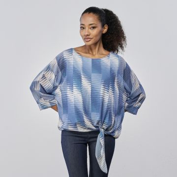 Blusa azzurra da donna in fantasia geometrica con nodo